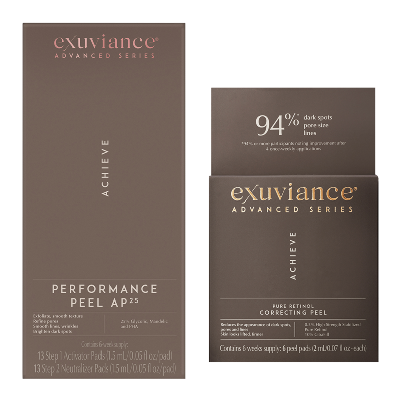 Shop Ulta Beauty’s 21 Days of Beauty and receive 50% off Exuviance* Performance Peel AP25 13 Count & Pure Retinol Correcting Peel